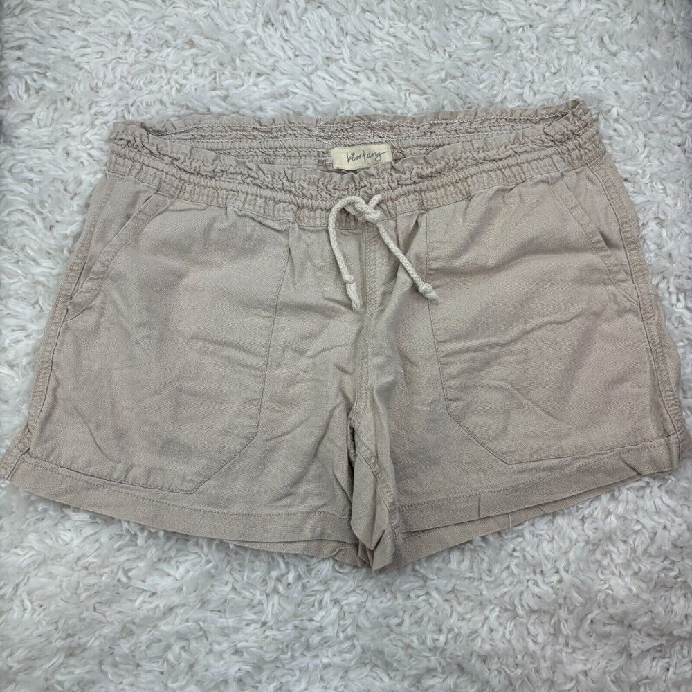 Kiss of Cry Womens Sz 1X Linen Rayon Shorts Beige Comfy With Drawstring Mid Rise